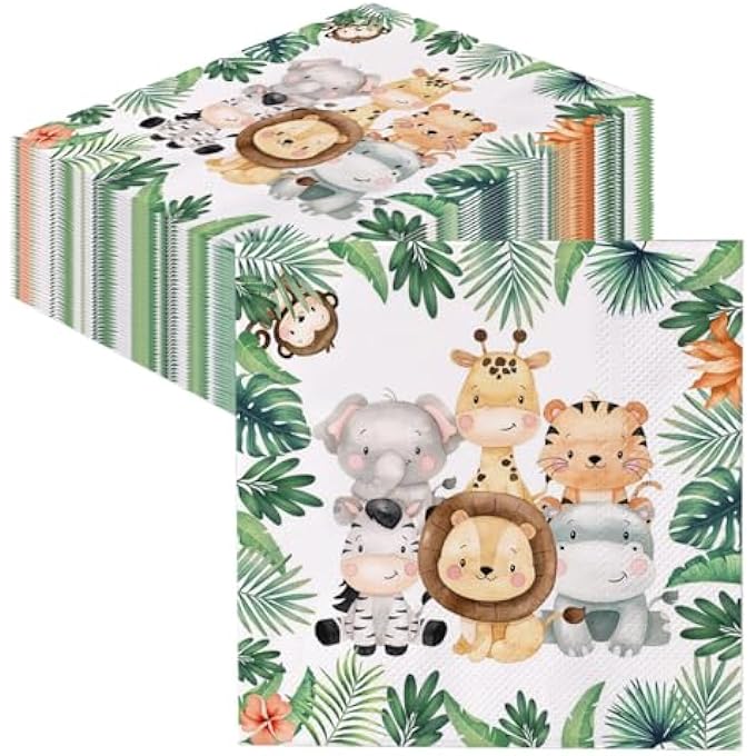 PACK OF 40 NAPKINS FOR CHILDREN'S BIRTHDAY, JUNGLE PARTY MOTIF, ANIMALS, LEAVES, GREEN FOR FOREST ANIMALS, BIRTHDAY AND NAPKINS ANIMALS, 33 X 33 CM, BOYS TABLE DECORATION, PARTY DECORATION - Image 2